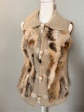 Dolce Cabo Real Rabbit Fur Sweater Vest S Beige Tan Toggle Closure Boho Y2K
